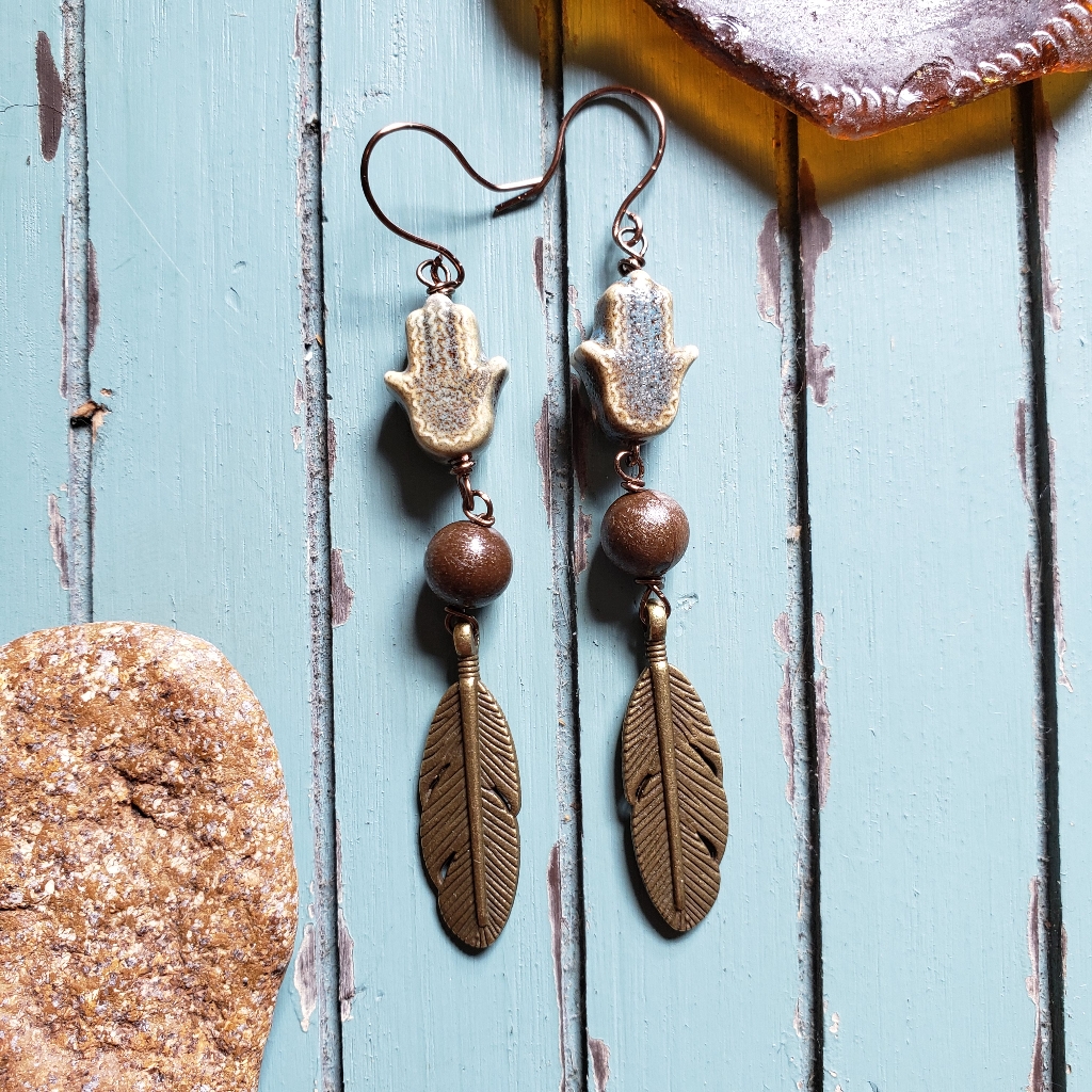 Handmade Wired Boho Hamsa Hand Leaf Earrings 18$
